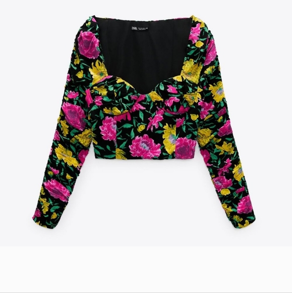 NWT ZARA Black Floral Printed Crop Top Long Sleeves Blouse Size Medium Ruched M - Picture 12 of 13